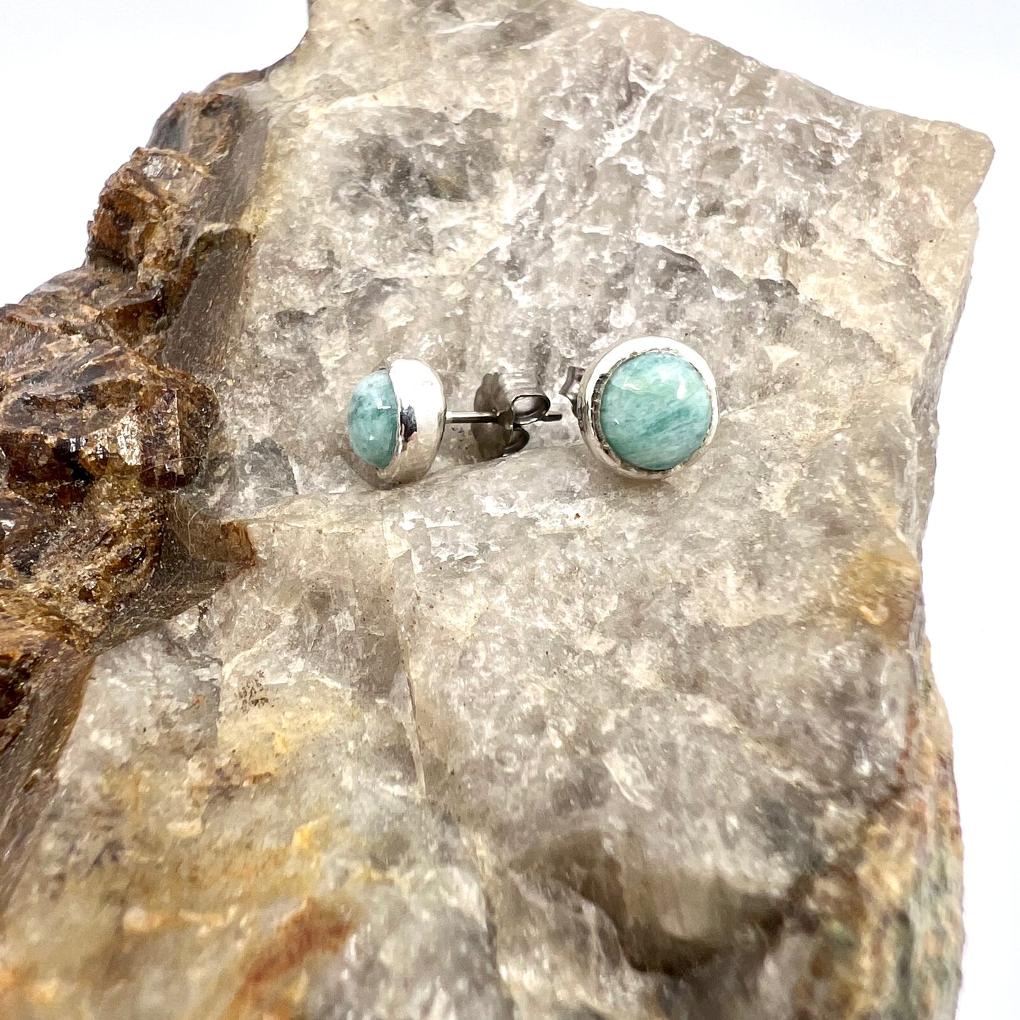 Amazonite Stud Earrings, Silver Plated - Copper Electroformed