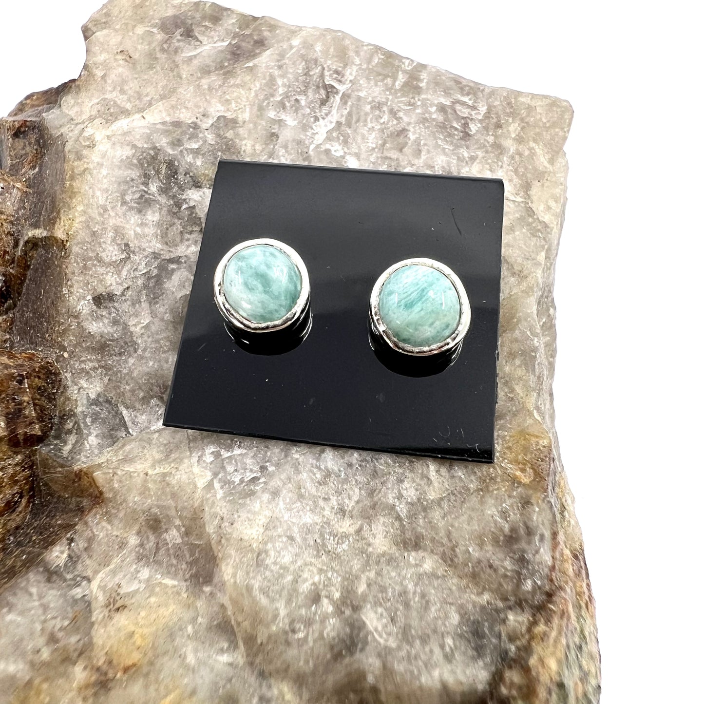 Amazonite Stud Earrings, Silver Plated - Copper Electroformed