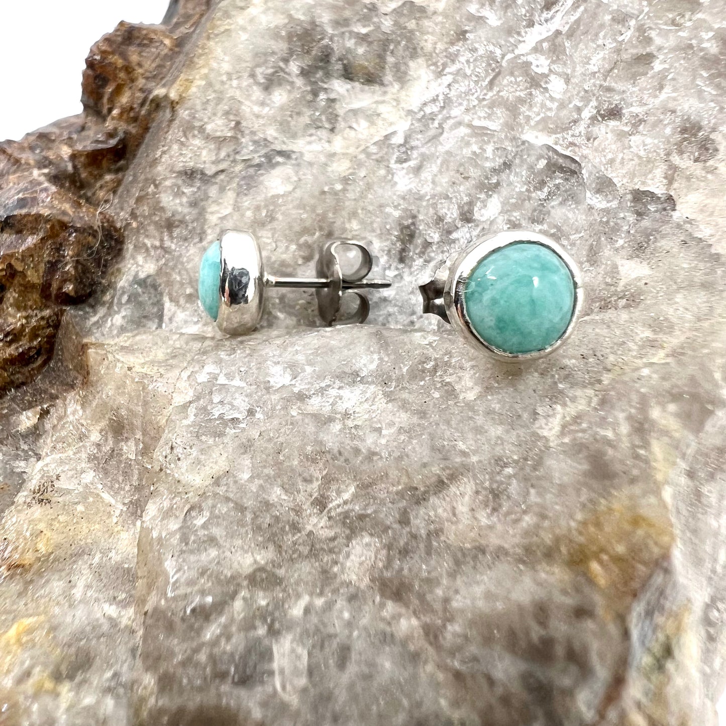 Amazonite Stud Earrings, Silver Plated - Copper Electroformed