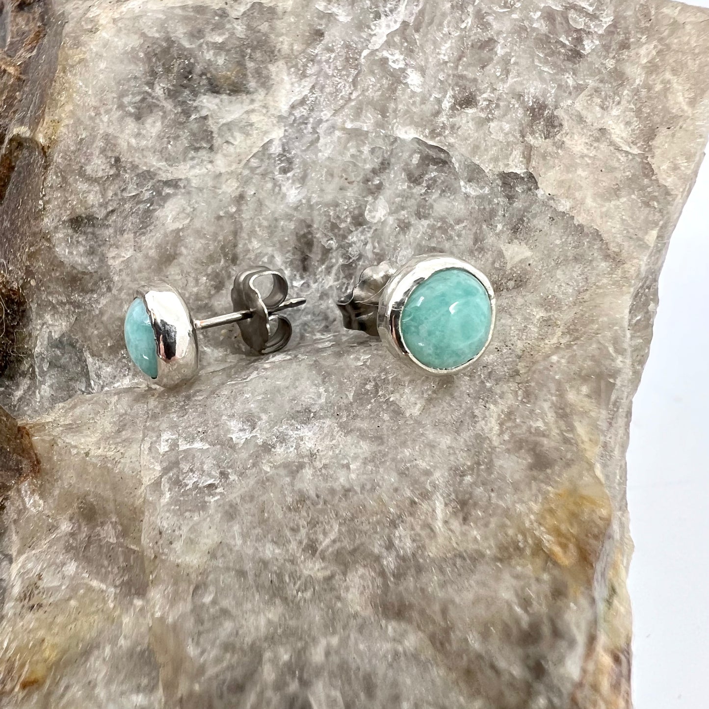 Amazonite Stud Earrings, Silver Plated - Copper Electroformed