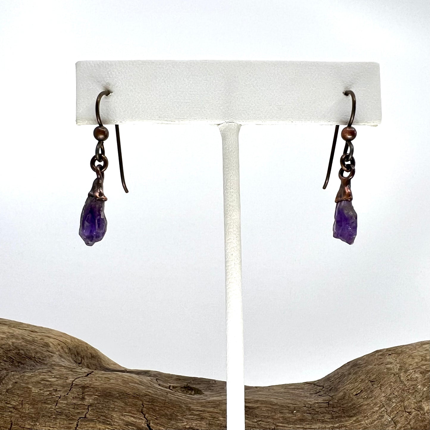 Amethyst Drop Earrings, Antique Finish - Copper Electroformed