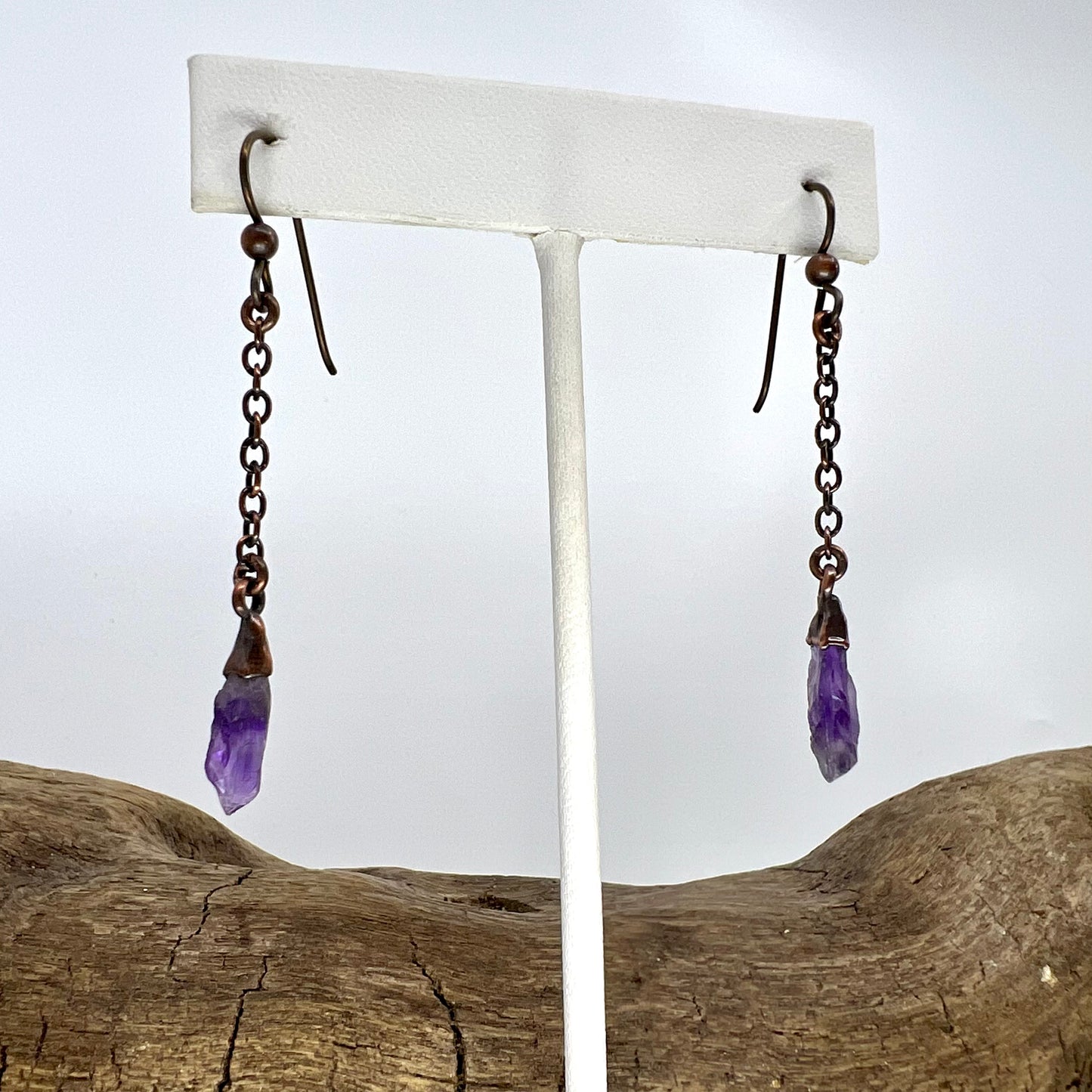 Amethyst Dangle Earrings, Antique Finish - Copper Electroformed