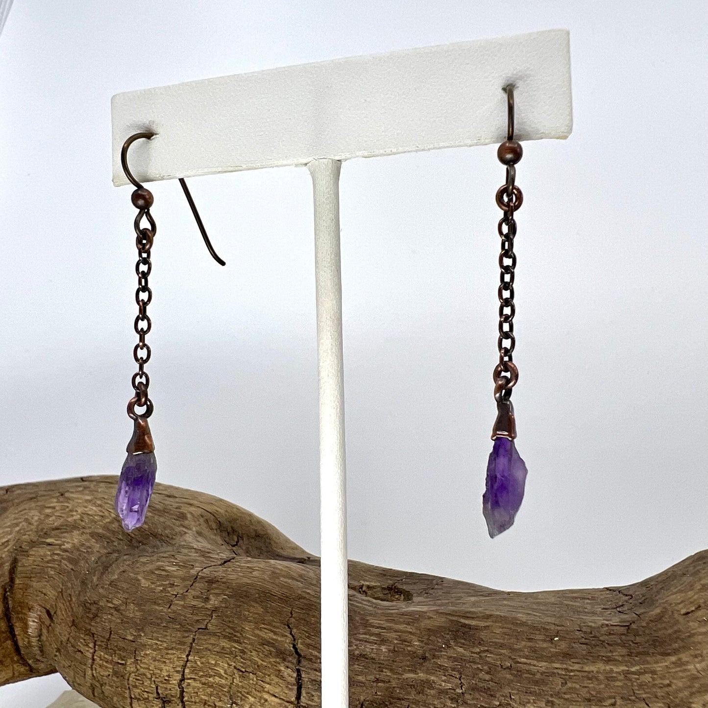 Amethyst Dangle Earrings, Antique Finish - Copper Electroformed