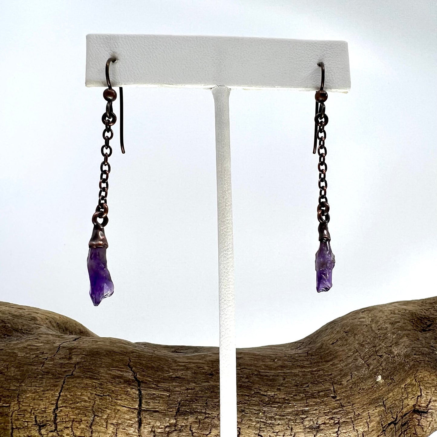 Amethyst Dangle Earrings, Antique Finish - Copper Electroformed