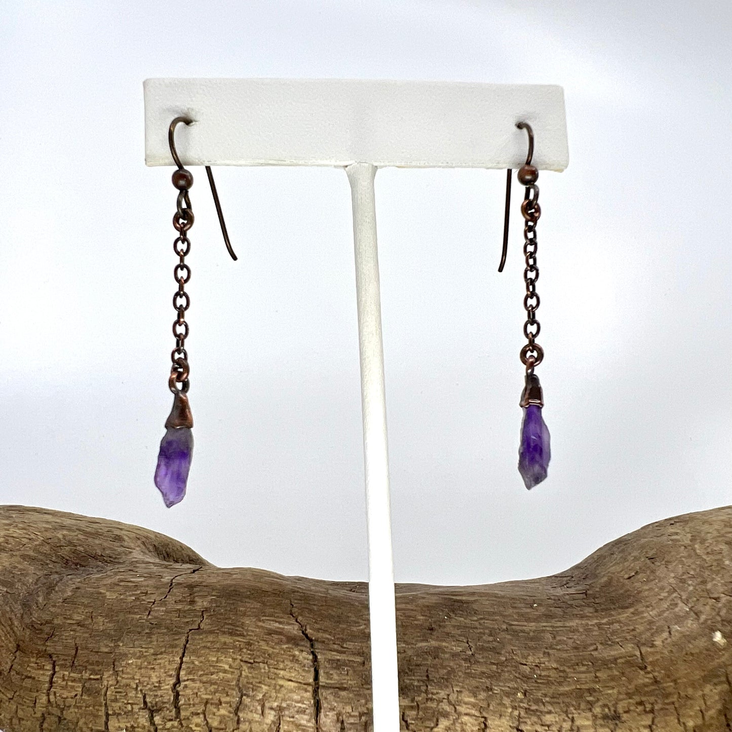 Amethyst Dangle Earrings, Antique Finish - Copper Electroformed