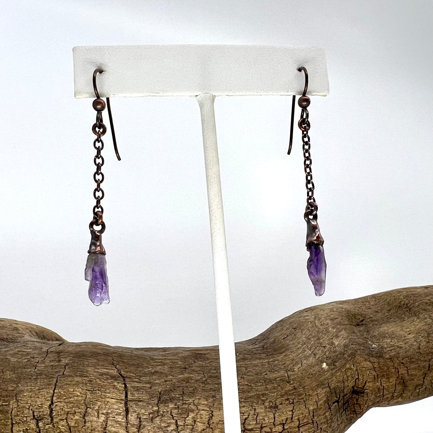 Amethyst Dangle Earrings, Antique Finish - Copper Electroformed