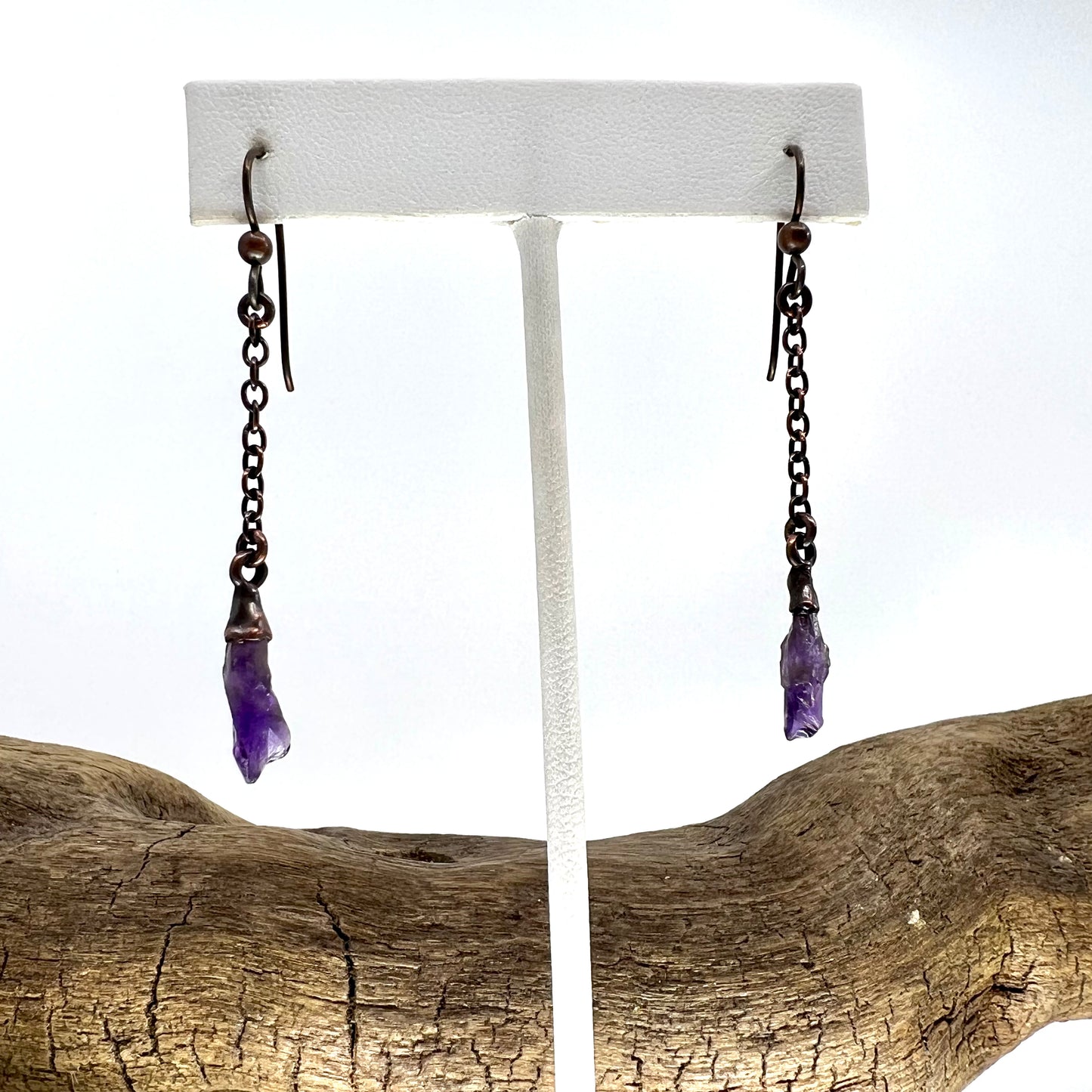 Amethyst Dangle Earrings, Antique Finish - Copper Electroformed