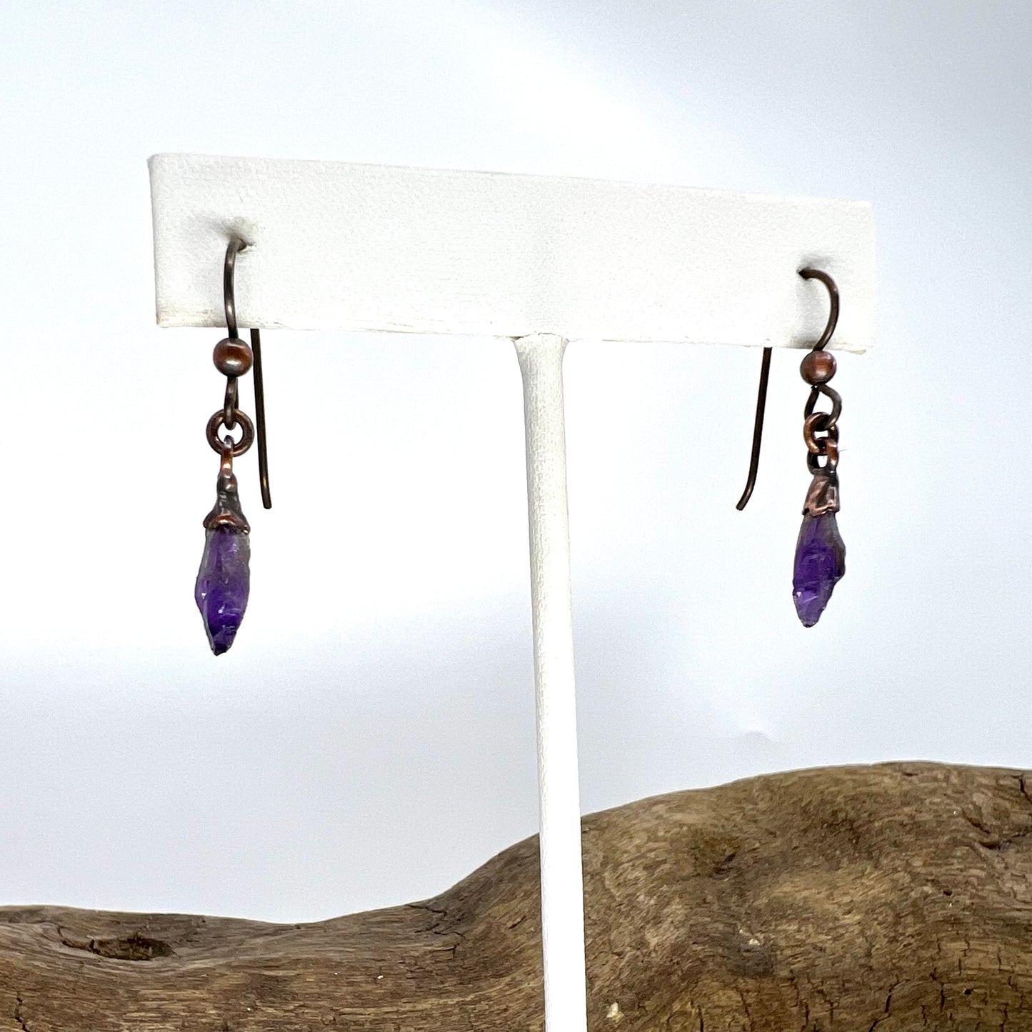 Amethyst Drop Earrings, Antique Finish - Copper Electroformed