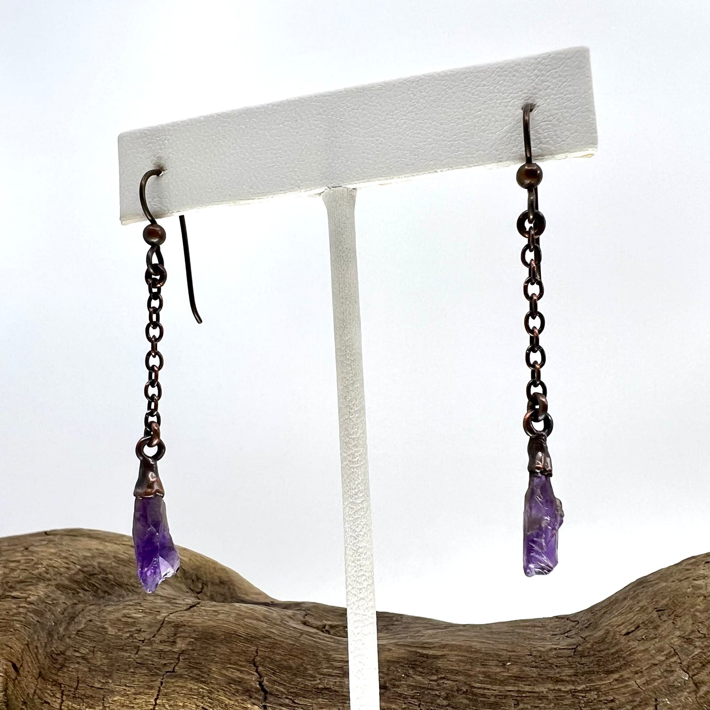 Amethyst Dangle Earrings, Antique Finish - Copper Electroformed