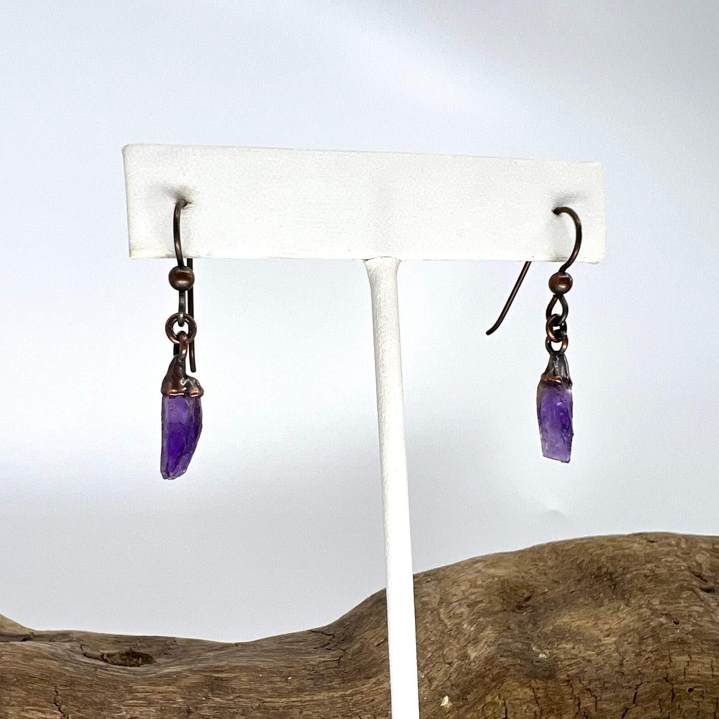 Amethyst Drop Earrings, Antique Finish - Copper Electroformed