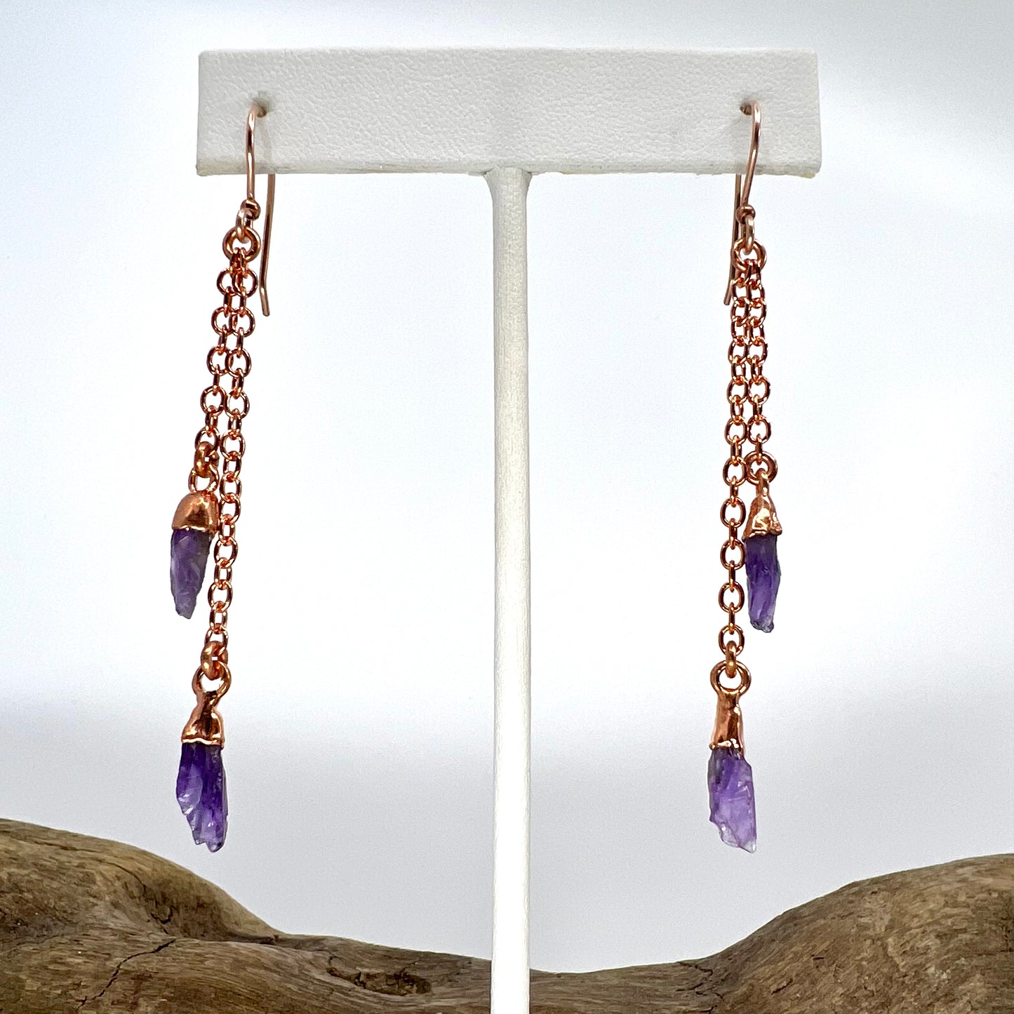 Amethyst Double Strand Dangle Earrings - Copper Electroformed