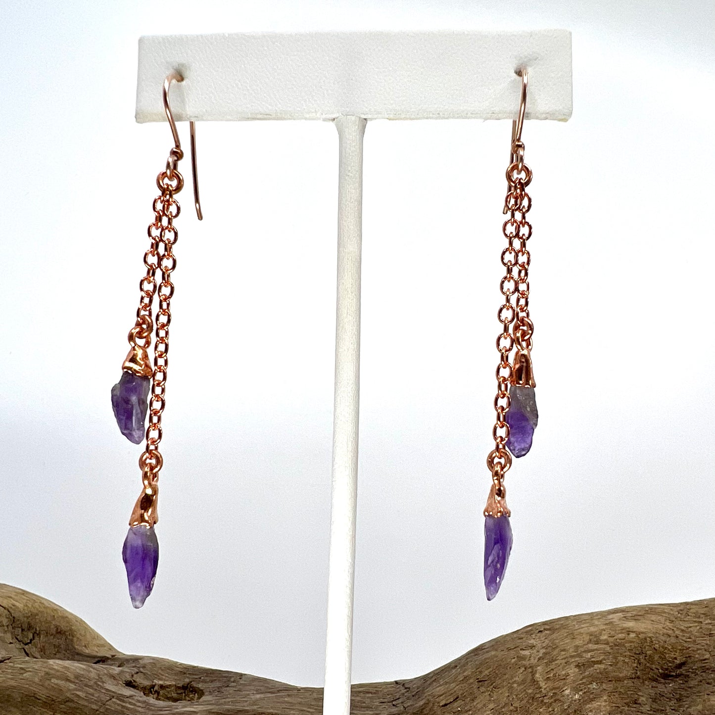 Amethyst Double Strand Dangle Earrings - Copper Electroformed