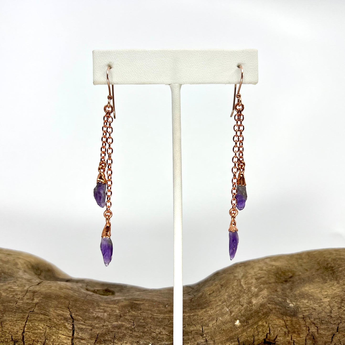 Amethyst Double Strand Dangle Earrings - Copper Electroformed