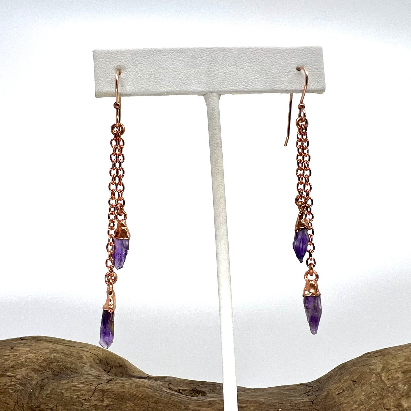 Amethyst Double Strand Dangle Earrings - Copper Electroformed