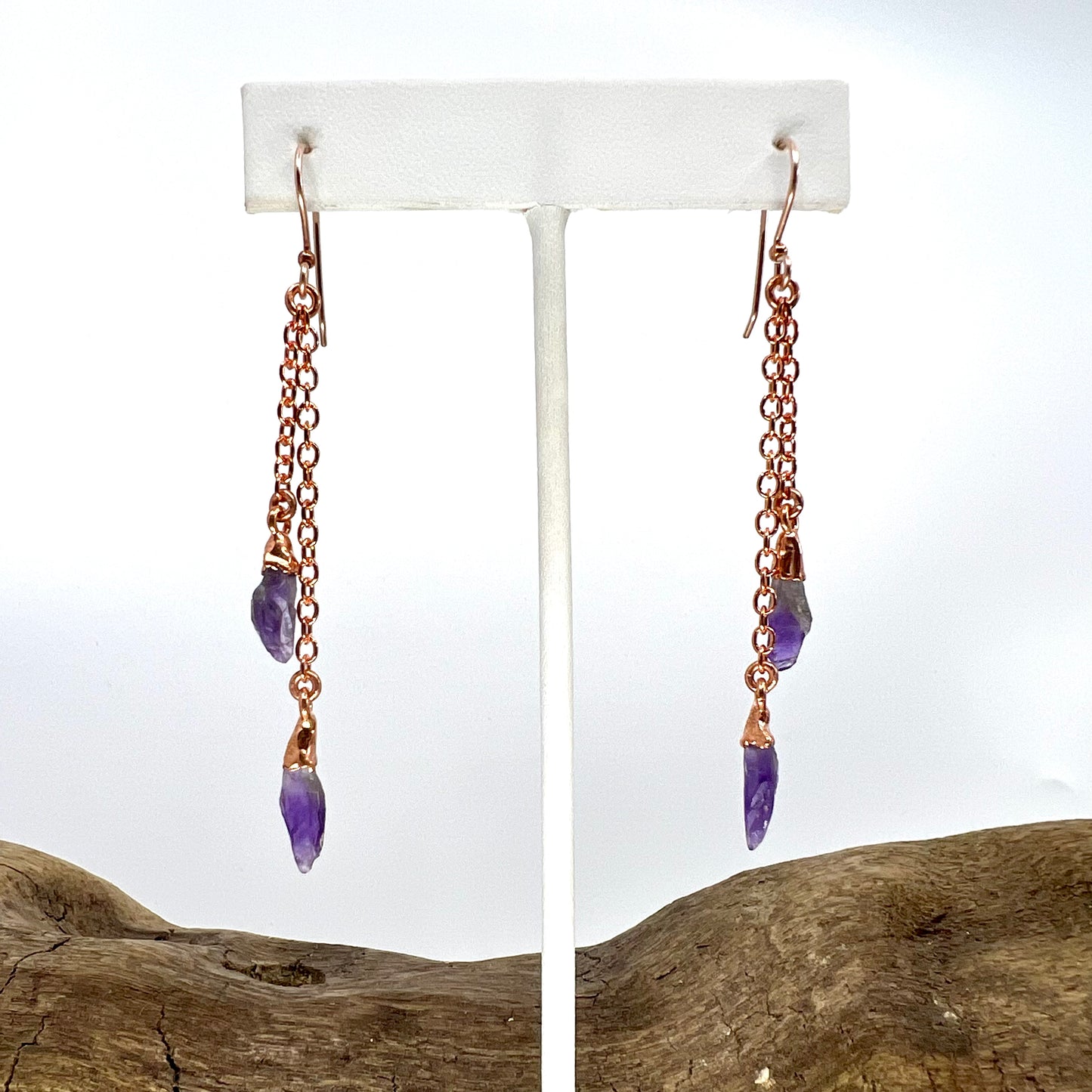 Amethyst Double Strand Dangle Earrings - Copper Electroformed