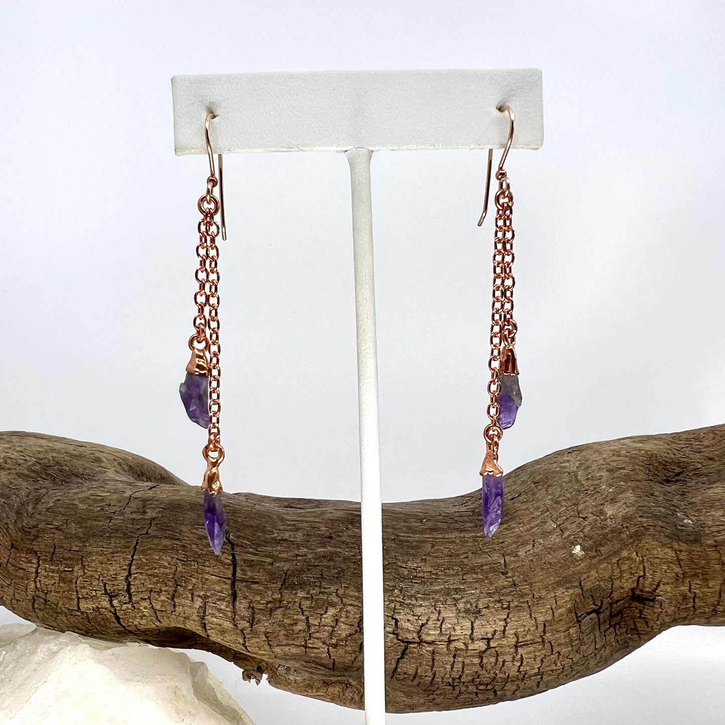 Amethyst Double Strand Dangle Earrings - Copper Electroformed