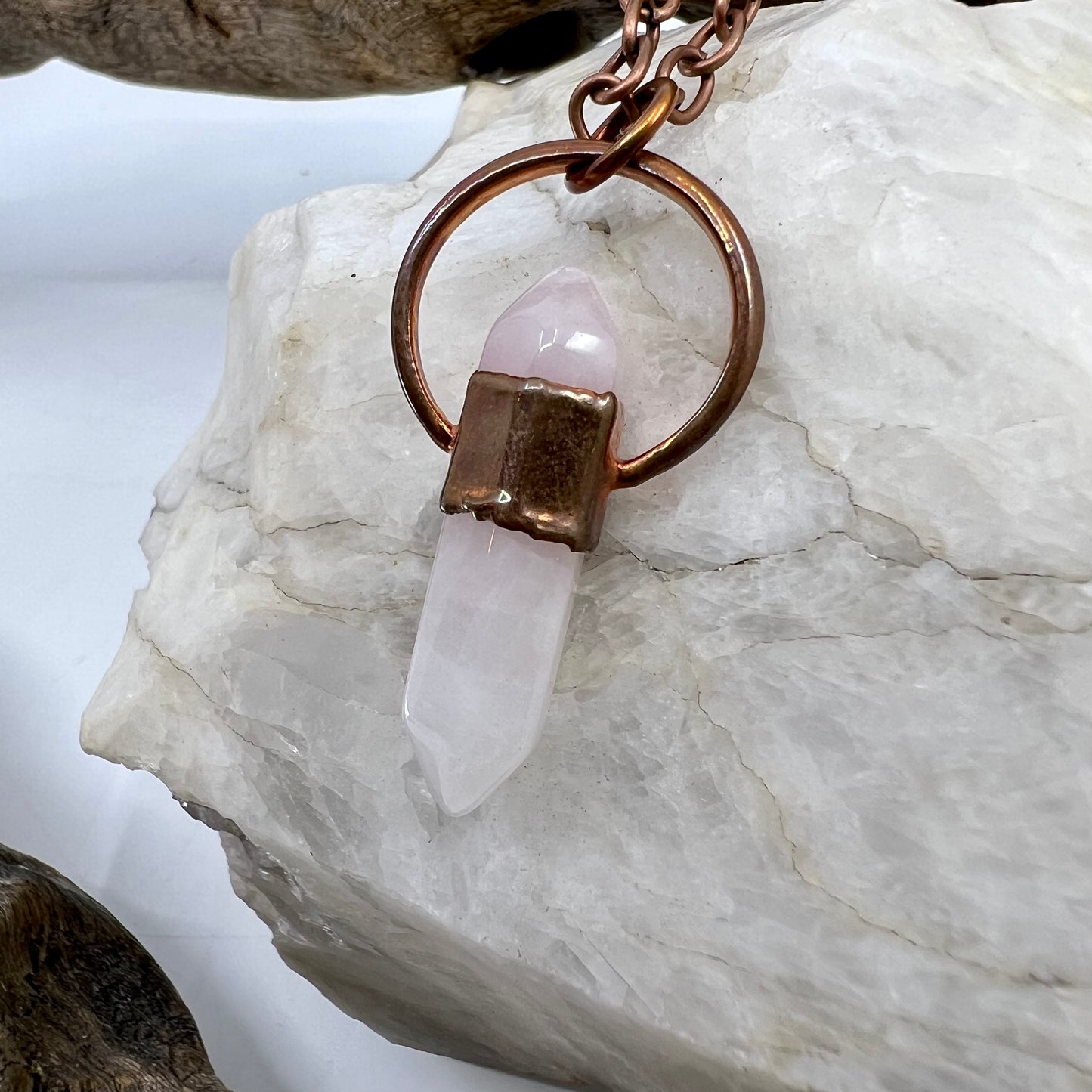 Double Terminated Rose Quartz Necklace - "B" Quality - Copper Electroformed