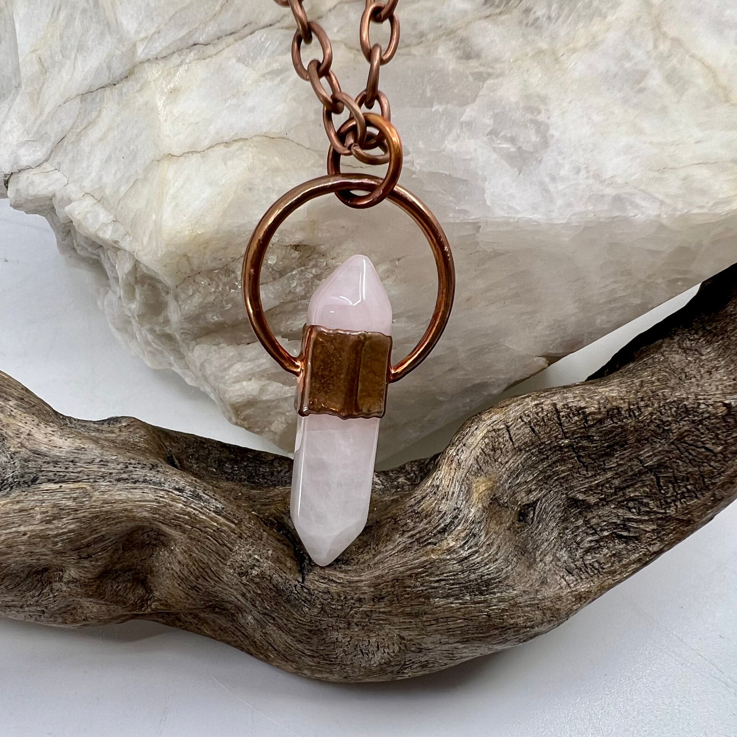 Double Terminated Rose Quartz Necklace - "B" Quality - Copper Electroformed