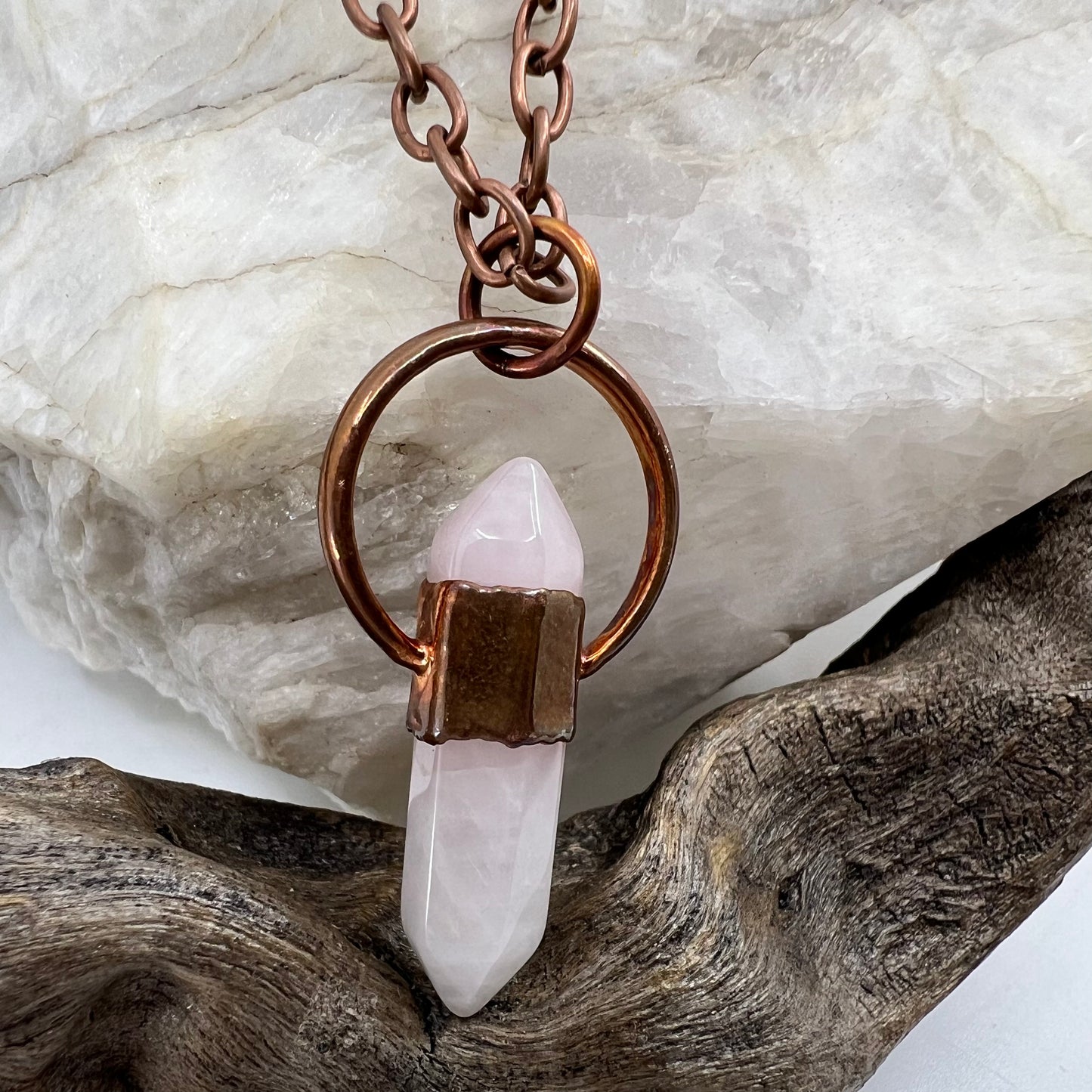 Double Terminated Rose Quartz Necklace - "B" Quality - Copper Electroformed