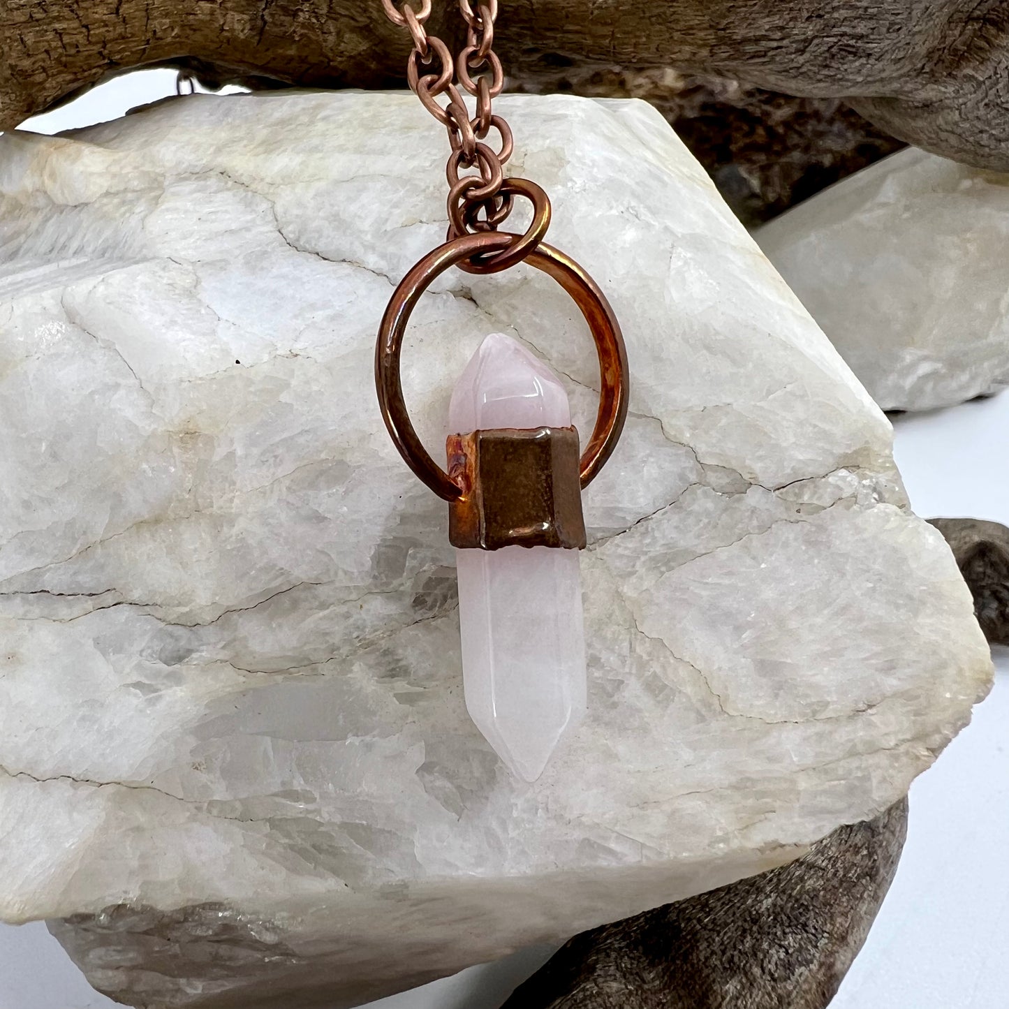 Double Terminated Rose Quartz Necklace - "B" Quality - Copper Electroformed