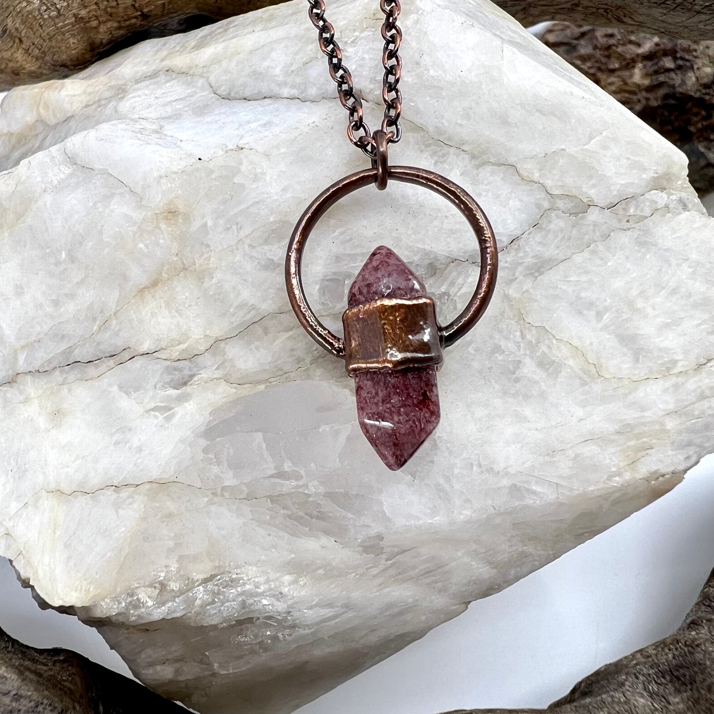 Mini Double Terminated Strawberry Quartz Necklace - Copper Electroformed