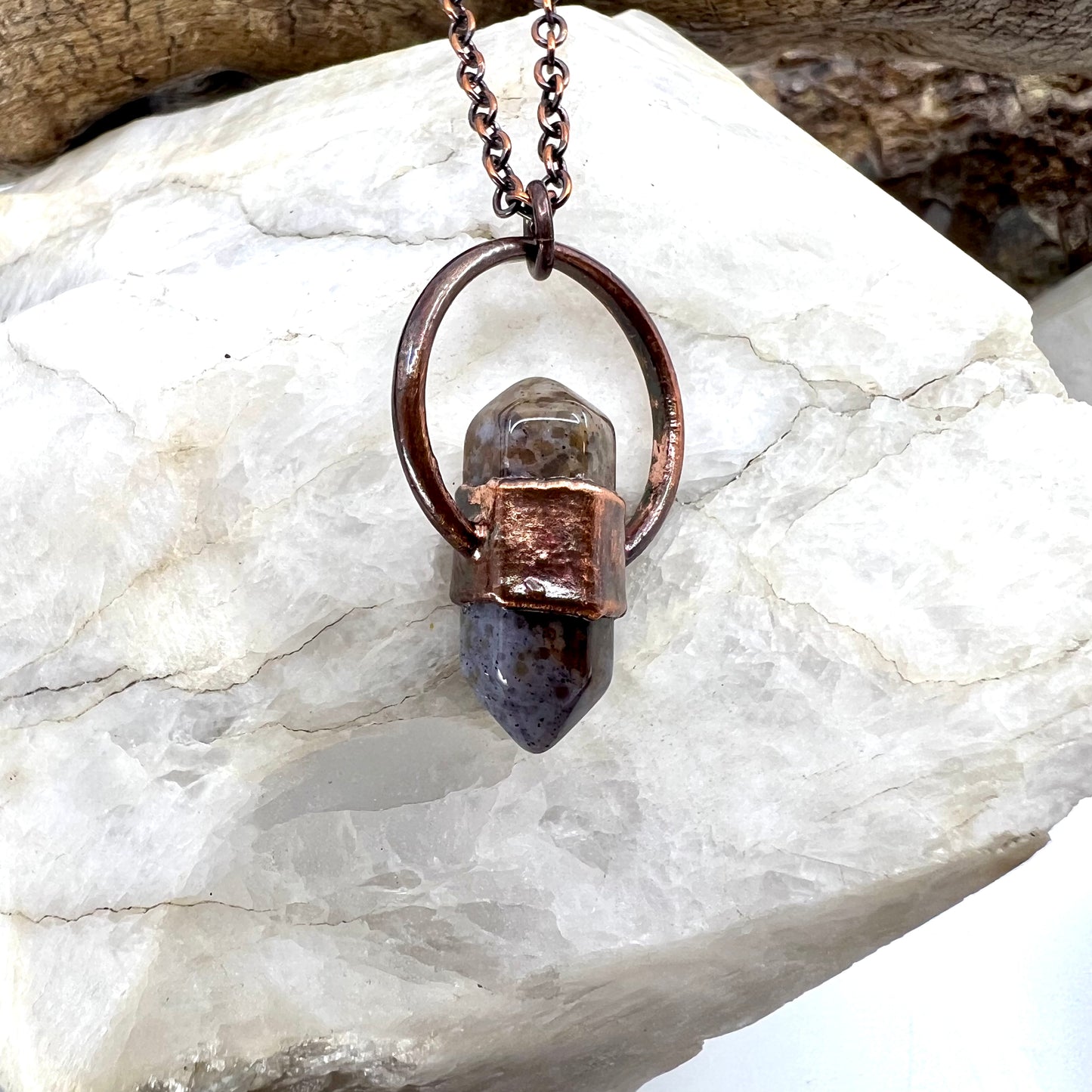 Mini Double Terminated Moss Agate Necklace - Copper Electroformed