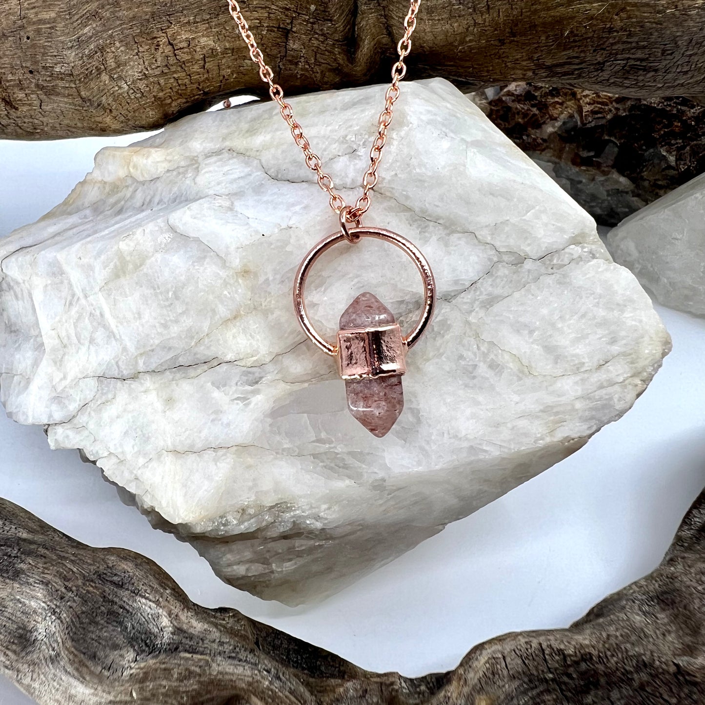 Mini Double Terminated Strawberry Quartz Necklace - Copper Electroformed