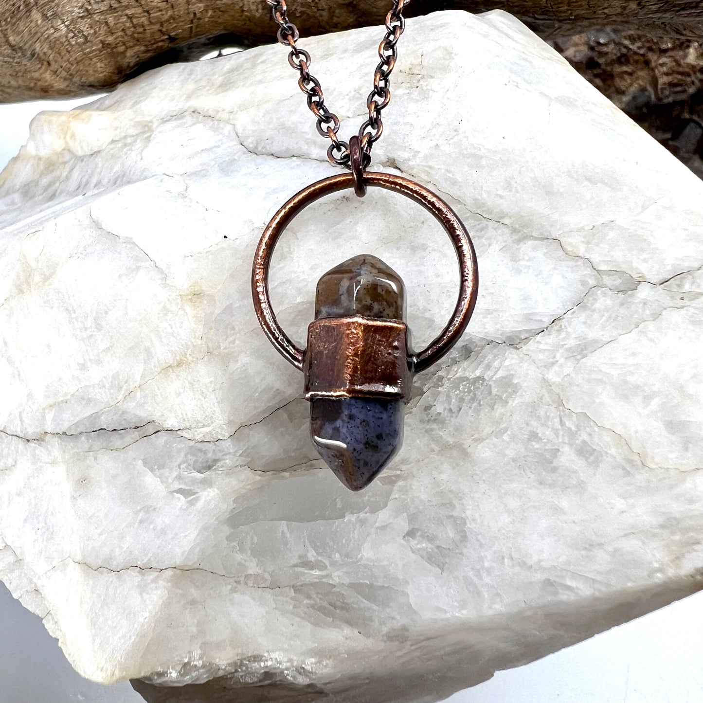 Mini Double Terminated Moss Agate Necklace - Copper Electroformed