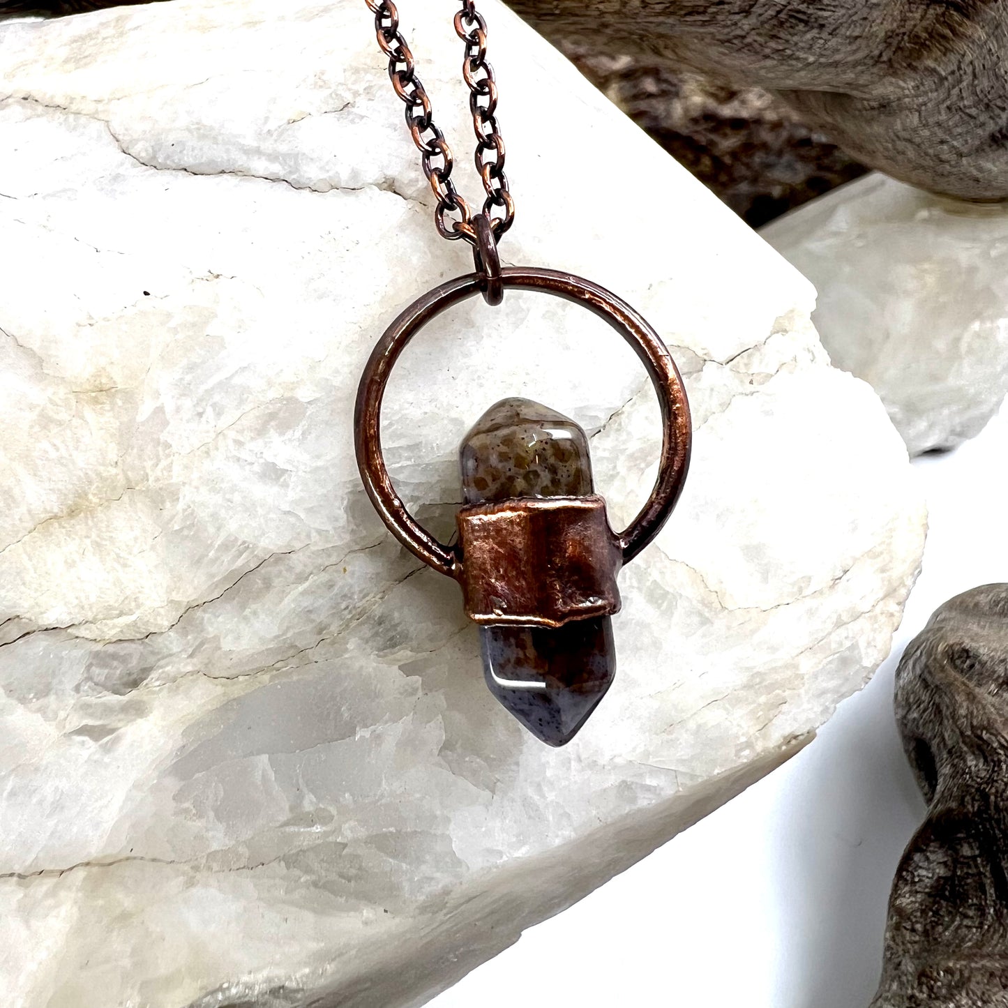 Mini Double Terminated Moss Agate Necklace - Copper Electroformed