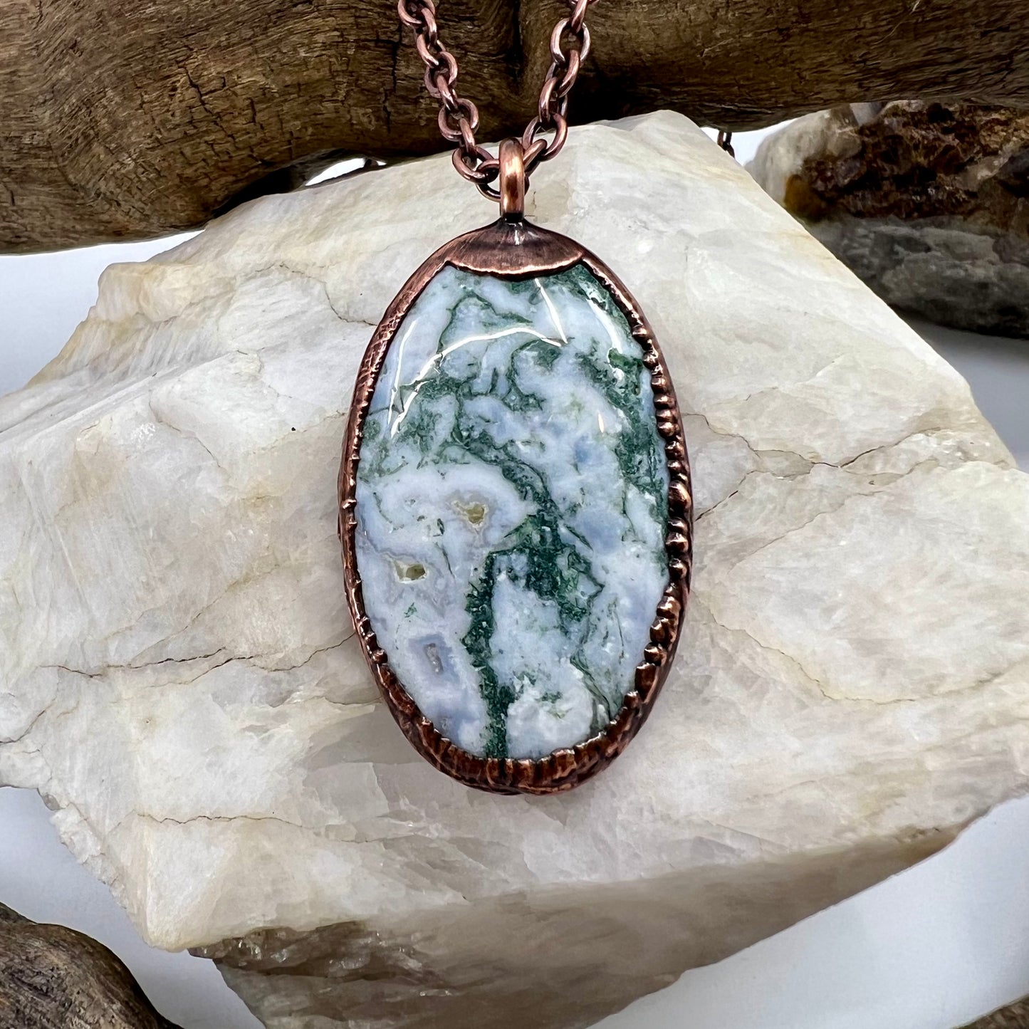 Moss Agate Necklace -- Copper Electroformed