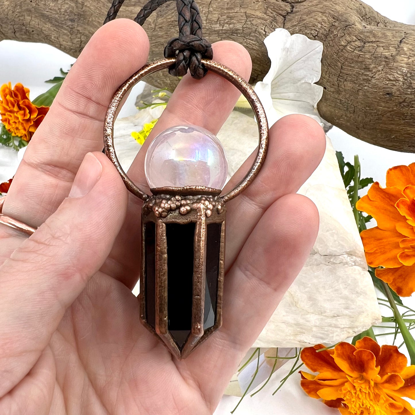 Rose Aura Quartz Sphere & Obsidian Point Statement Necklace - Copper Electroformed