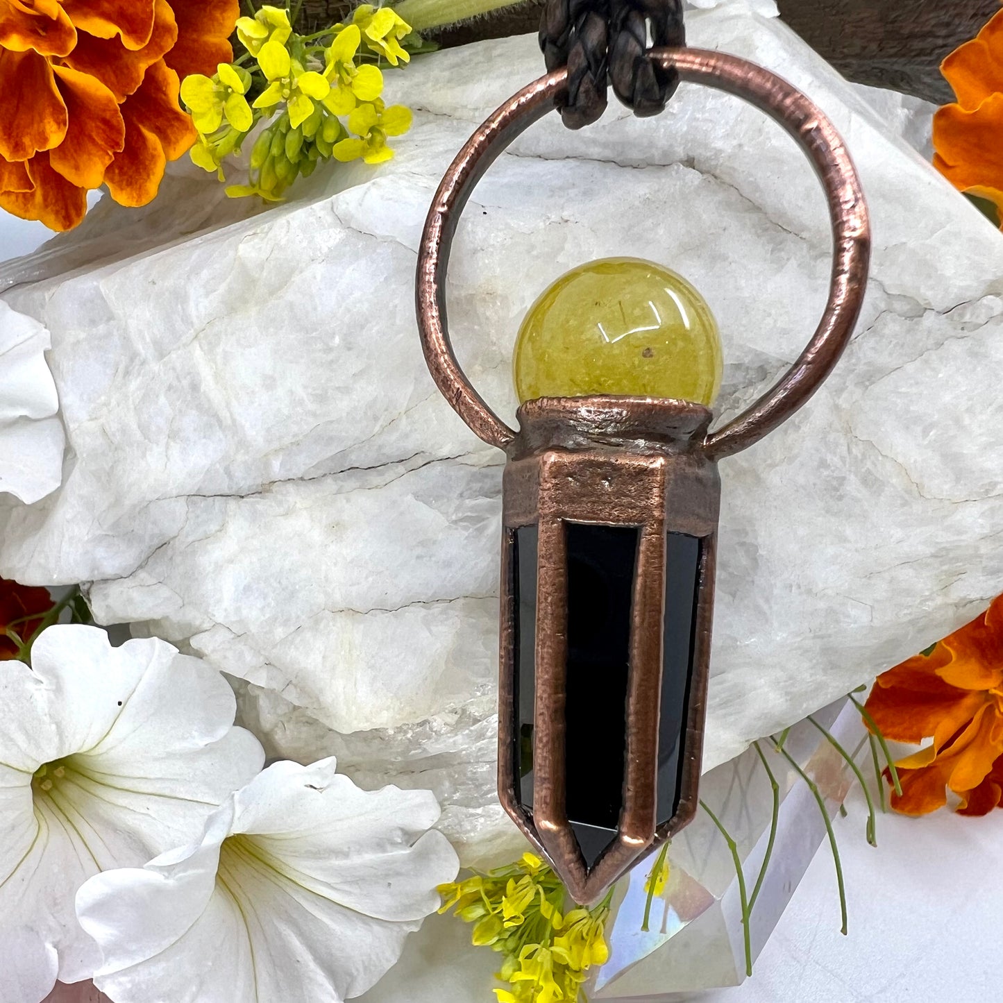 Rutilated Quartz Sphere & Obsidian Point Statement Necklace - Copper Electroformed