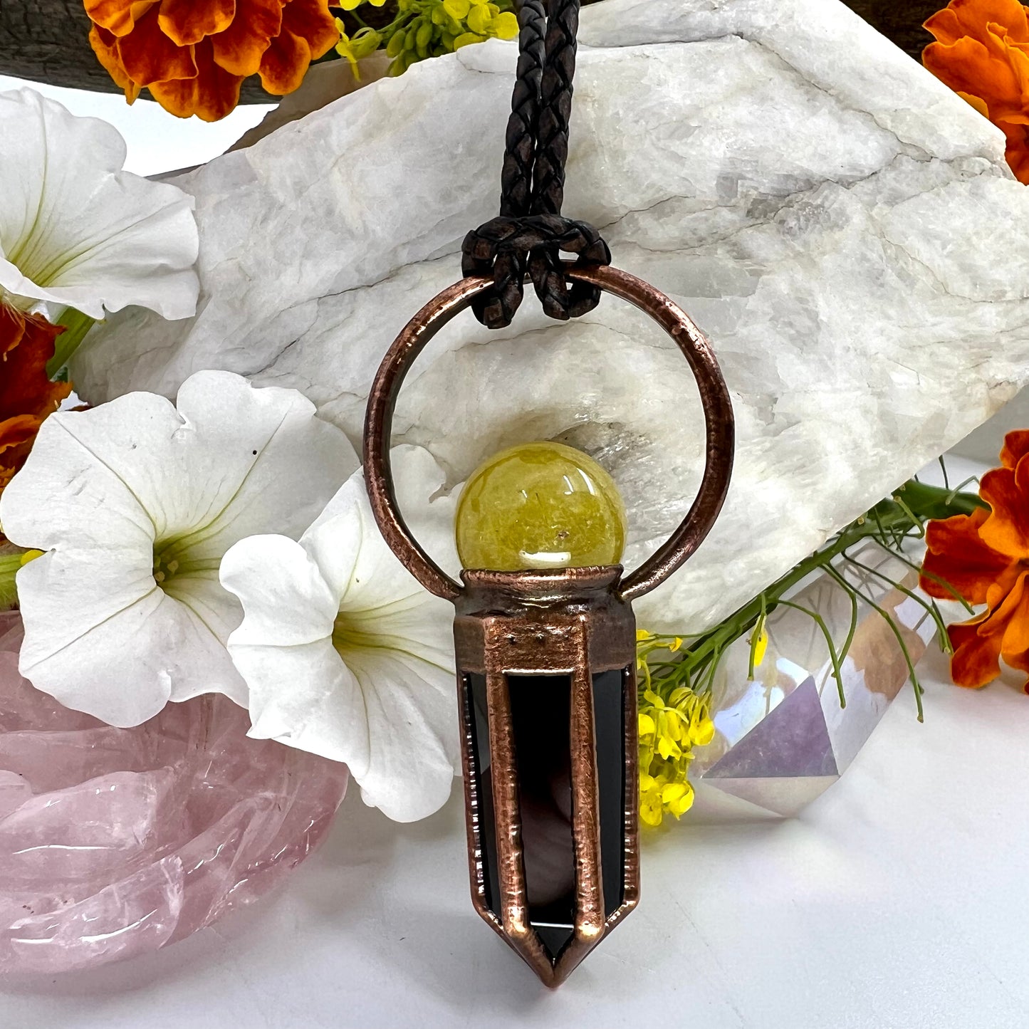 Rutilated Quartz Sphere & Obsidian Point Statement Necklace - Copper Electroformed