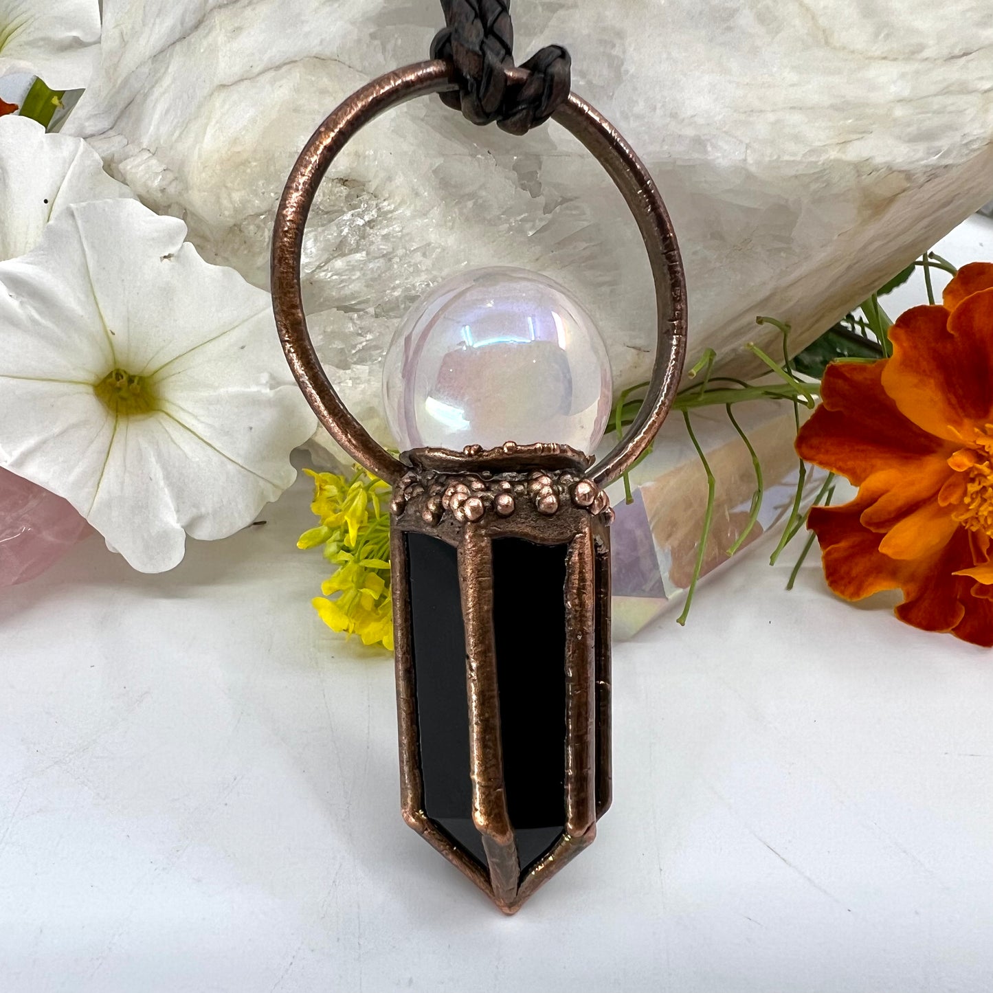 Rose Aura Quartz Sphere & Obsidian Point Statement Necklace - Copper Electroformed