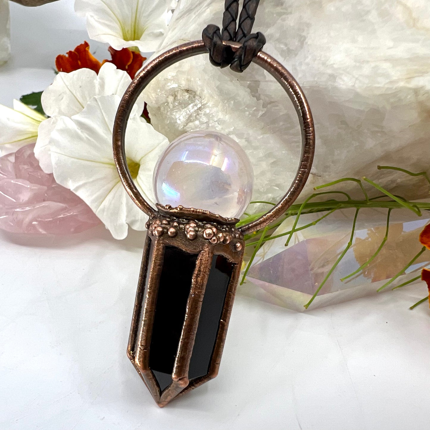 Rose Aura Quartz Sphere & Obsidian Point Statement Necklace - Copper Electroformed