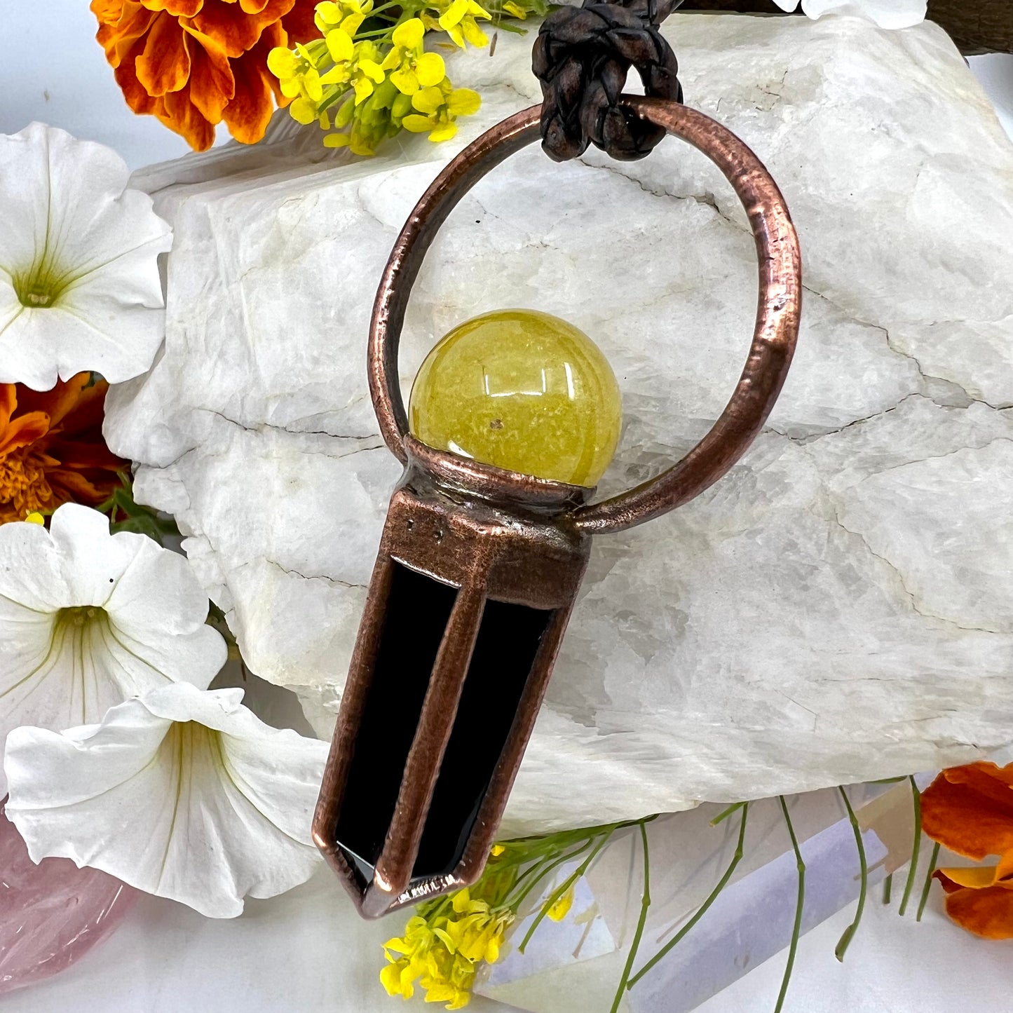 Rutilated Quartz Sphere & Obsidian Point Statement Necklace - Copper Electroformed