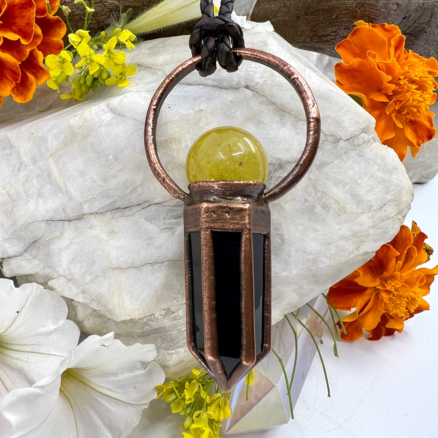 Rutilated Quartz Sphere & Obsidian Point Statement Necklace - Copper Electroformed