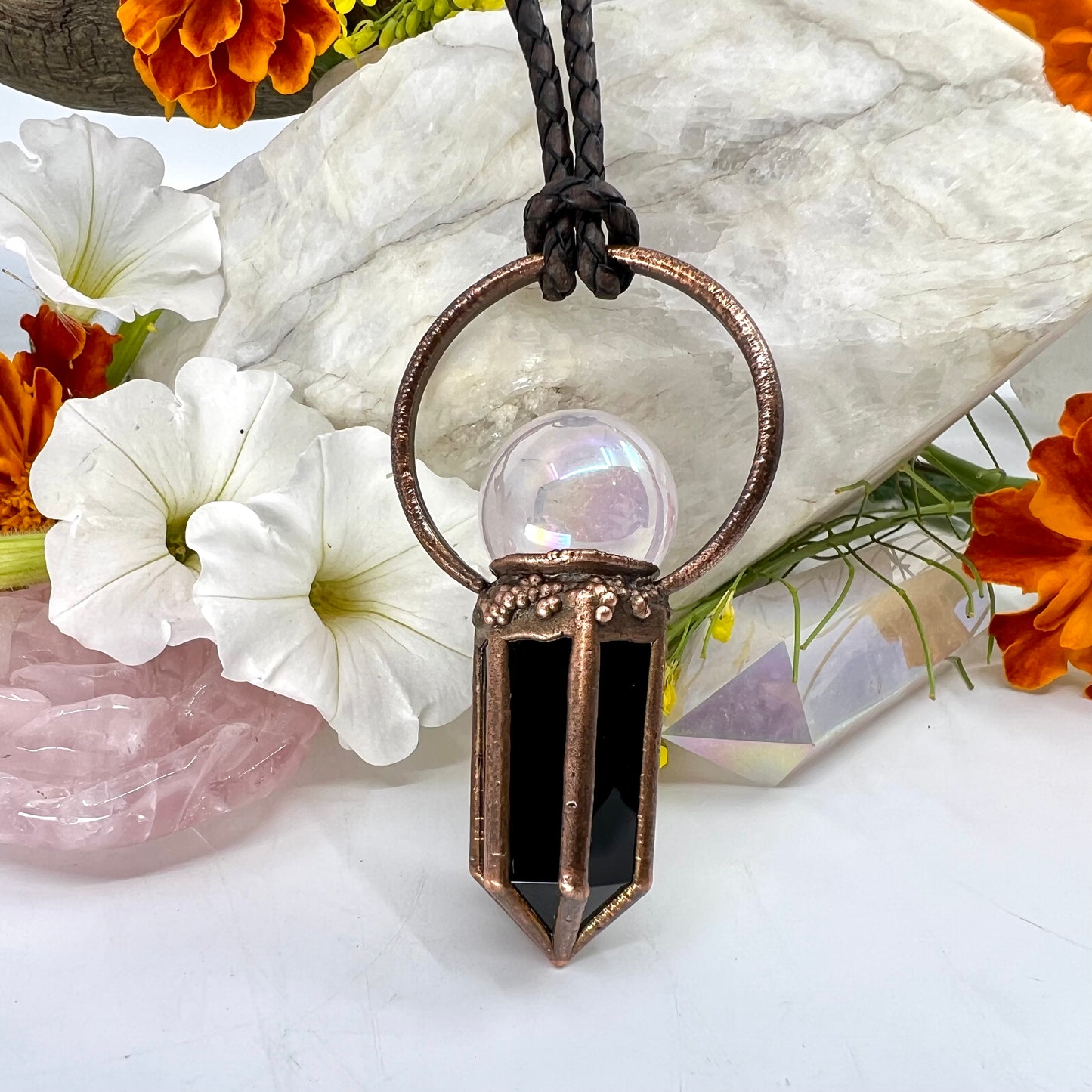 Rose Aura Quartz Sphere & Obsidian Point Statement Necklace - Copper Electroformed