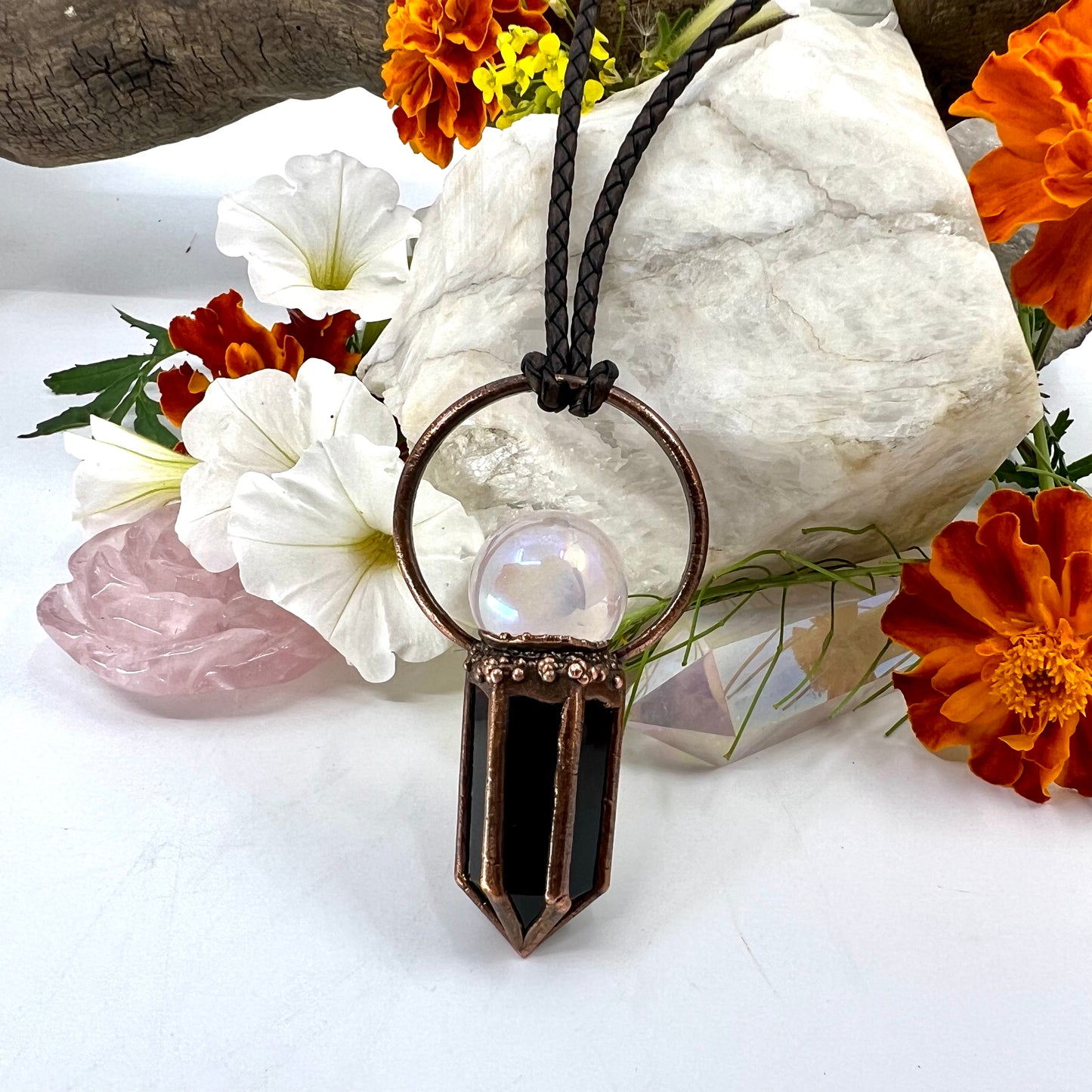 Rose Aura Quartz Sphere & Obsidian Point Statement Necklace - Copper Electroformed