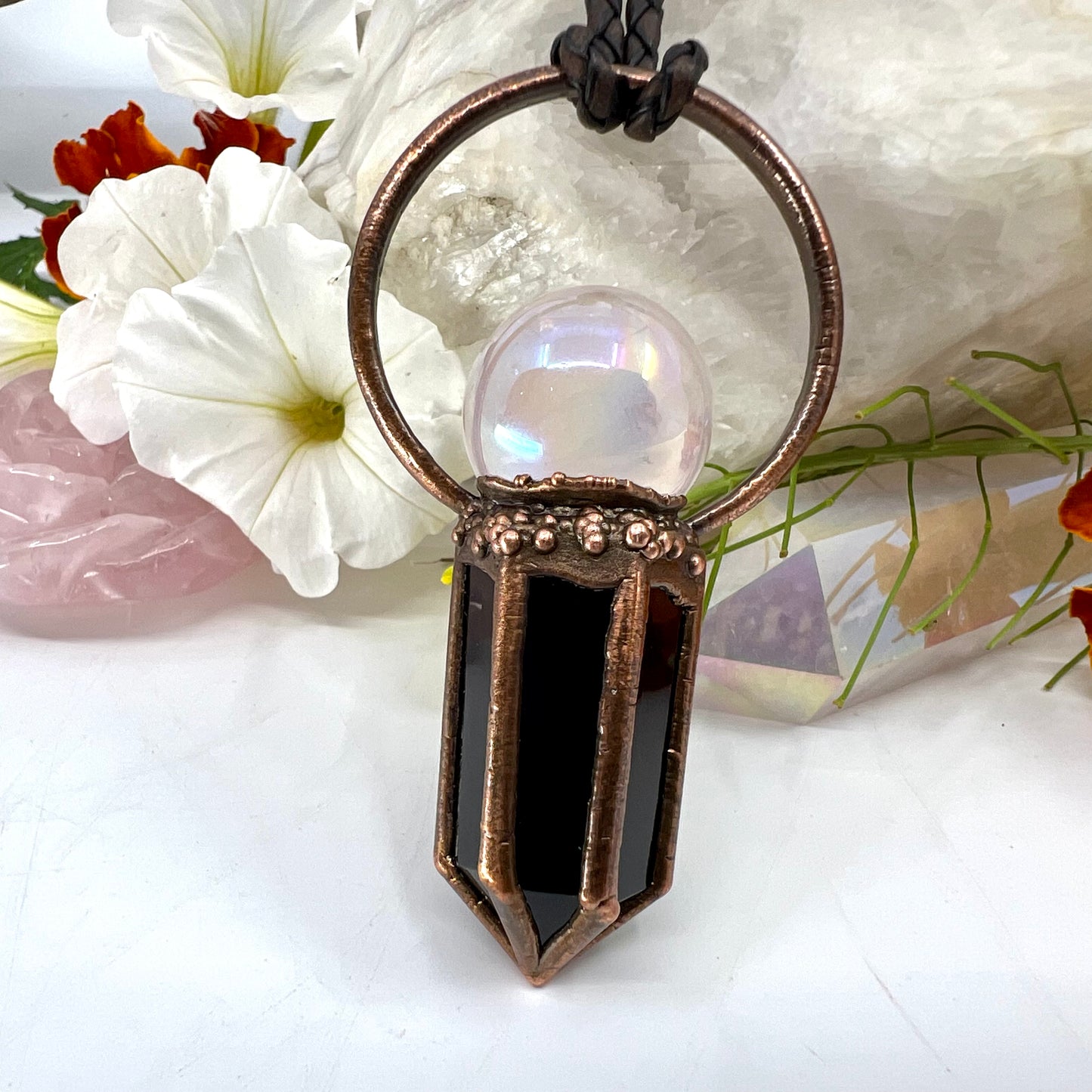 Rose Aura Quartz Sphere & Obsidian Point Statement Necklace - Copper Electroformed