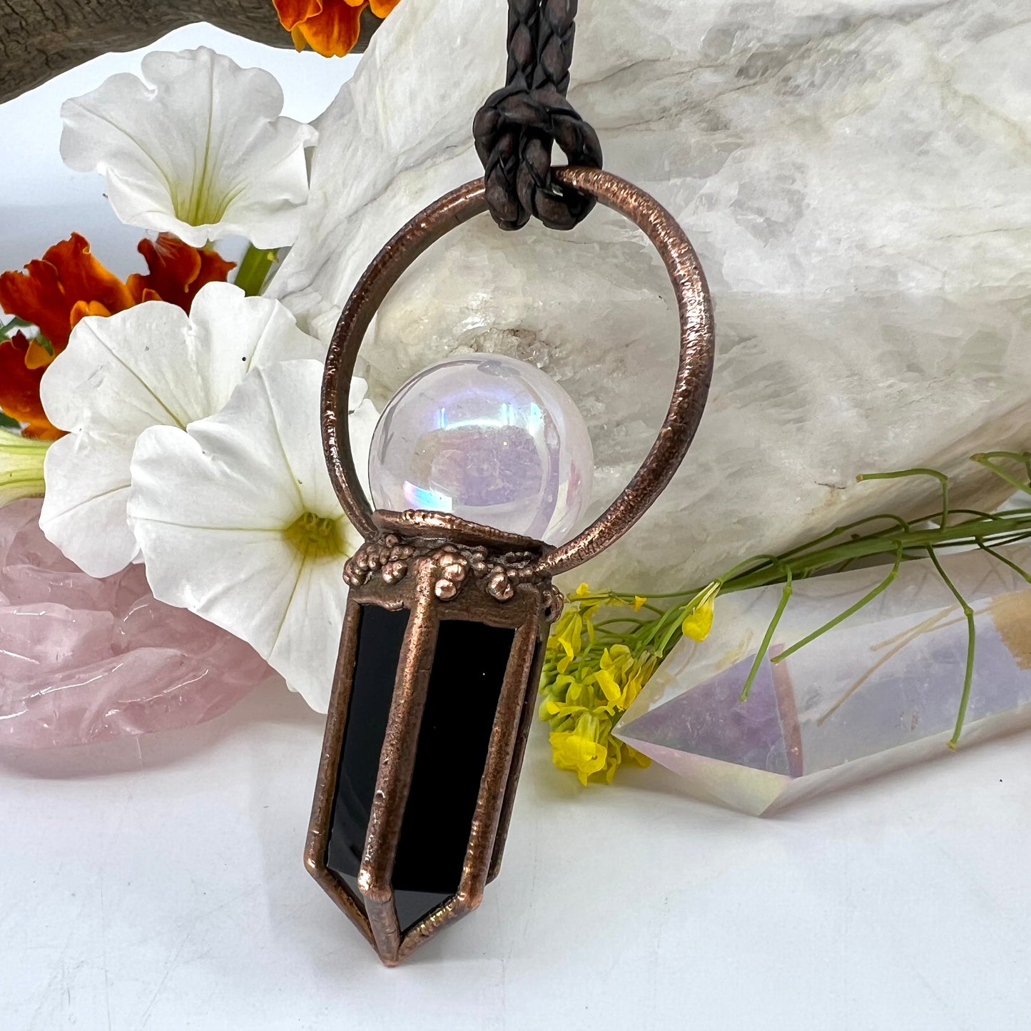 Rose Aura Quartz Sphere & Obsidian Point Statement Necklace - Copper Electroformed