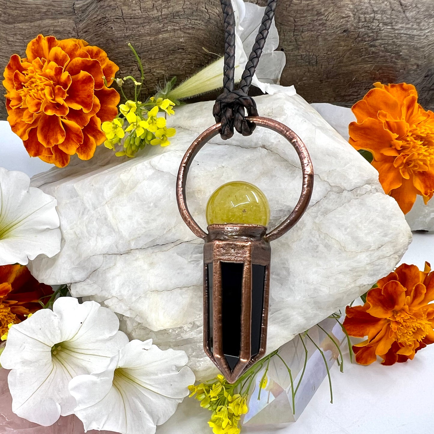 Rutilated Quartz Sphere & Obsidian Point Statement Necklace - Copper Electroformed