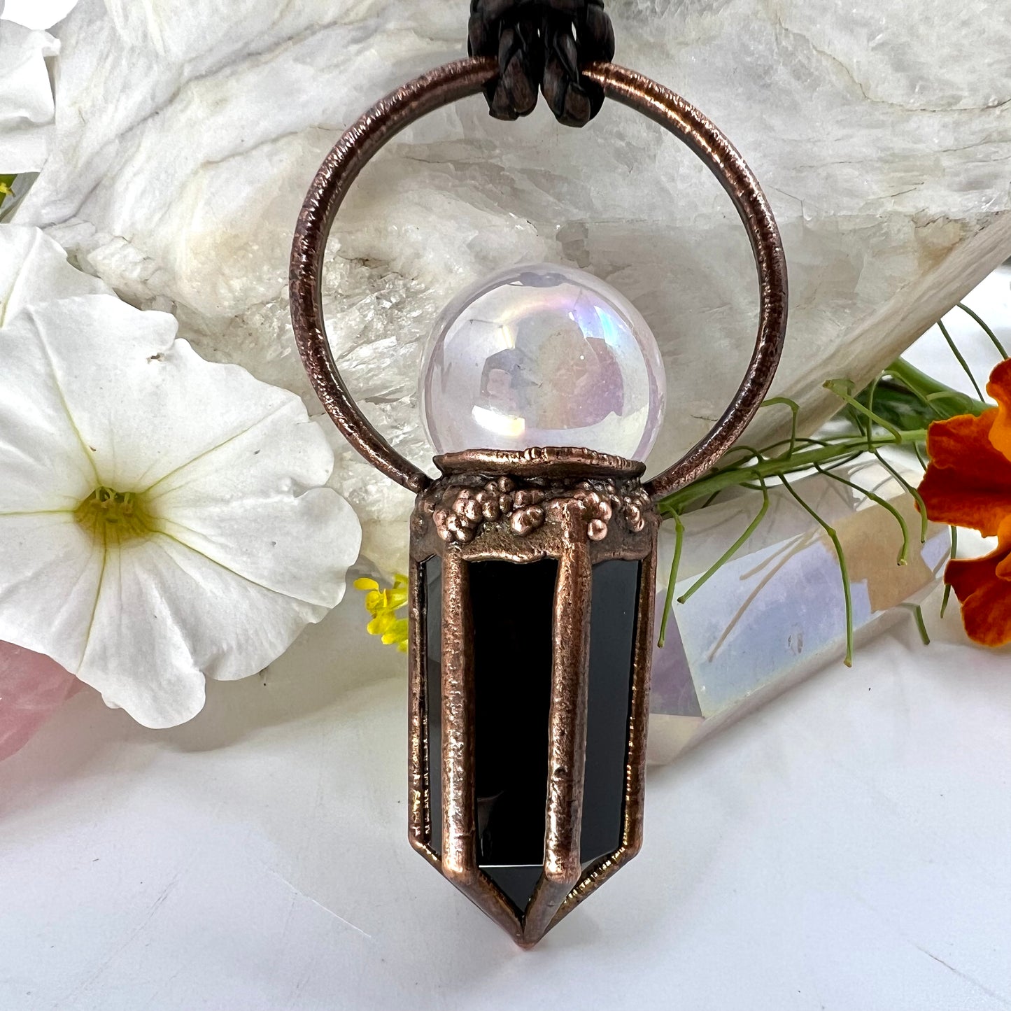 Rose Aura Quartz Sphere & Obsidian Point Statement Necklace - Copper Electroformed