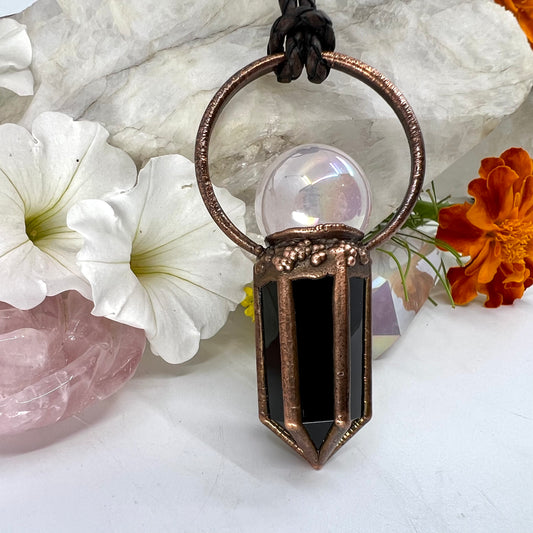 Rose Aura Quartz Sphere & Obsidian Point Statement Necklace - Copper Electroformed