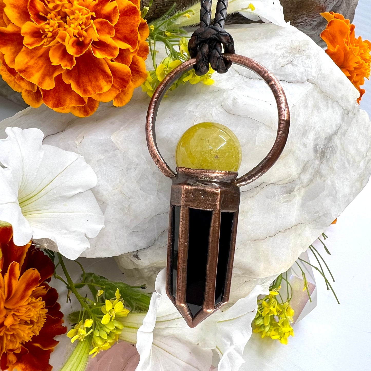 Rutilated Quartz Sphere & Obsidian Point Statement Necklace - Copper Electroformed