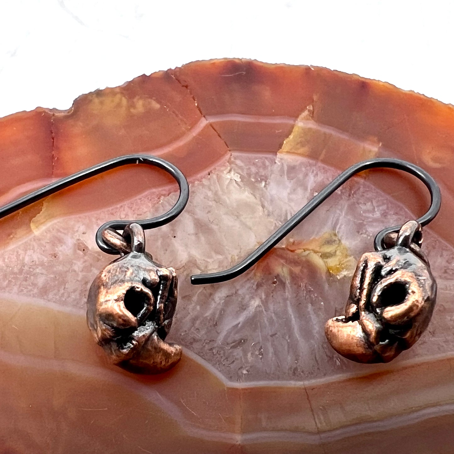 Mini Bird Skull Replica Earrings - Copper Electroformed