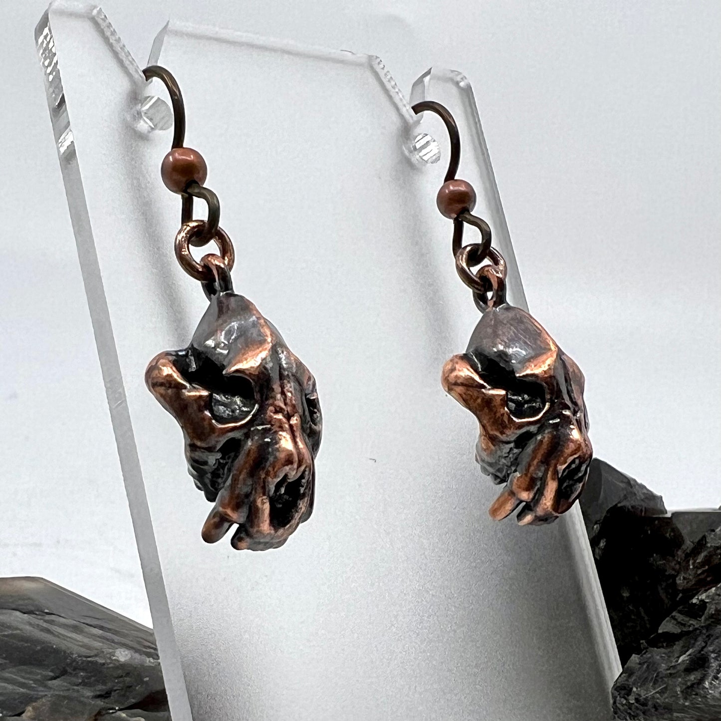 Bear Skull Replica Earrings - Copper Electroformed