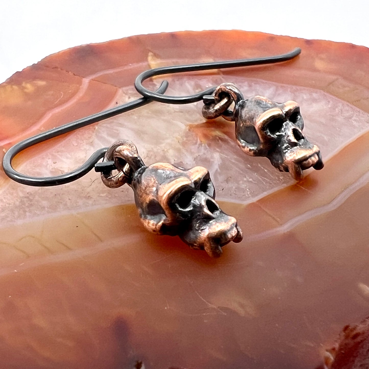 Mini Monkey Skull Replica Earrings - Copper Electroformed