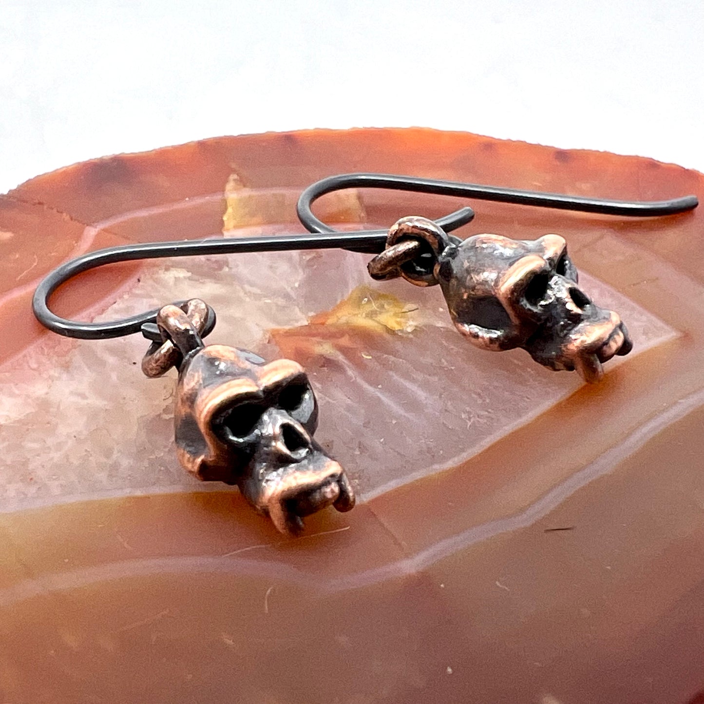 Mini Monkey Skull Replica Earrings - Copper Electroformed