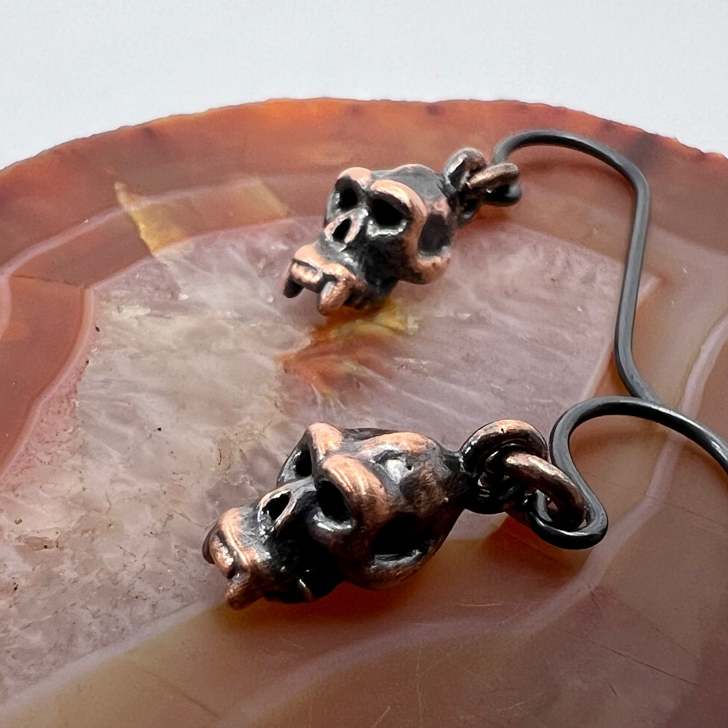 Mini Monkey Skull Replica Earrings - Copper Electroformed